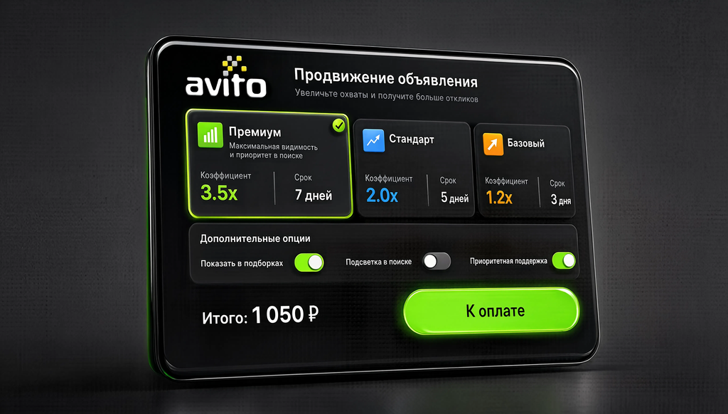Скриншот интерфейса выбора услуги продвижения объявления на Авито с коэффициентами, сроками и дополнительными опциями и кнопкой «К оплате».