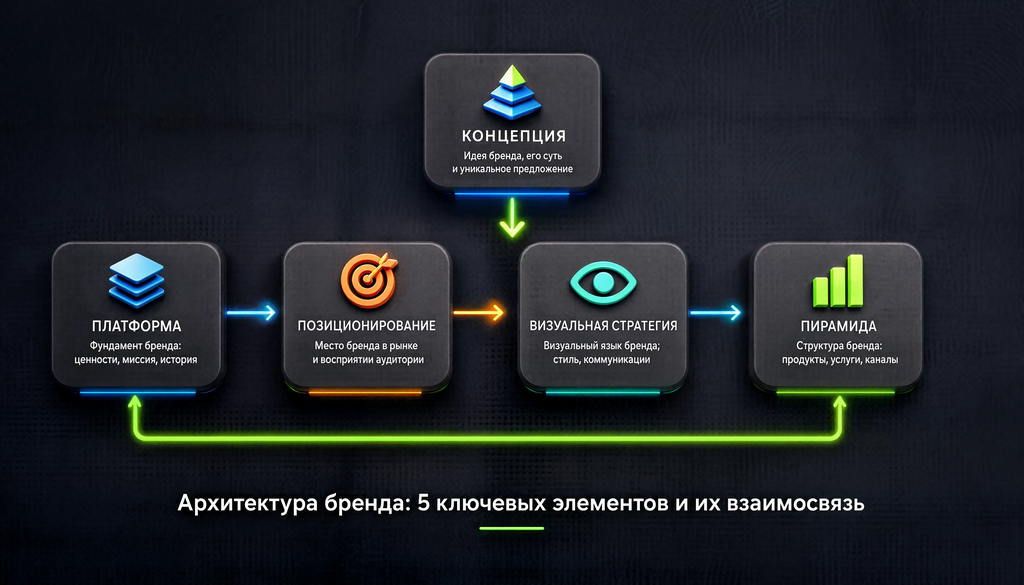 Архитектура бренда: схема пяти ключевых элементов — платформа, пирамида, концепция, позиционирование, визуальная стратегия — и их взаимосвязь