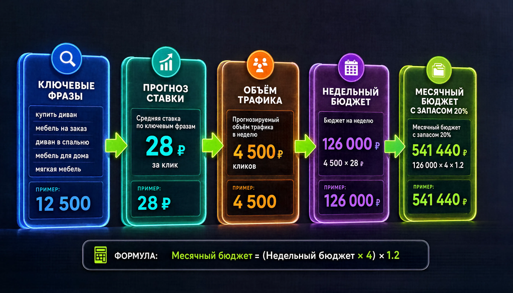 Схема расчёта бюджета: ключевые фразы → прогноз ставки → объём трафика → недельный бюджет → месячный бюджет с запасом 20%
