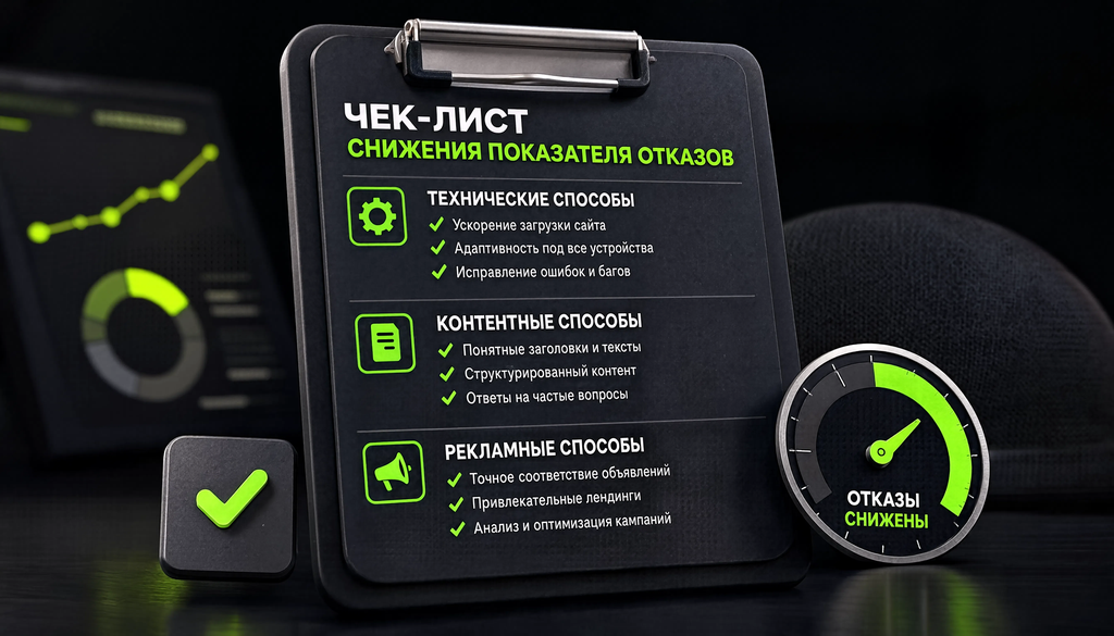 Чек-лист снижения показателя отказов — технические, контентные и рекламные способы. Визуал структурирует процесс.