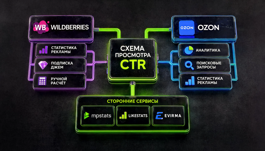 Схема просмотра CTR: Wildberries (статистика рекламы, подписка Джем, ручной расчёт), Ozon (Аналитика — Поисковые запросы, статистика рекламы), сторонние сервисы MPSTATS, LikeStats, Evirma