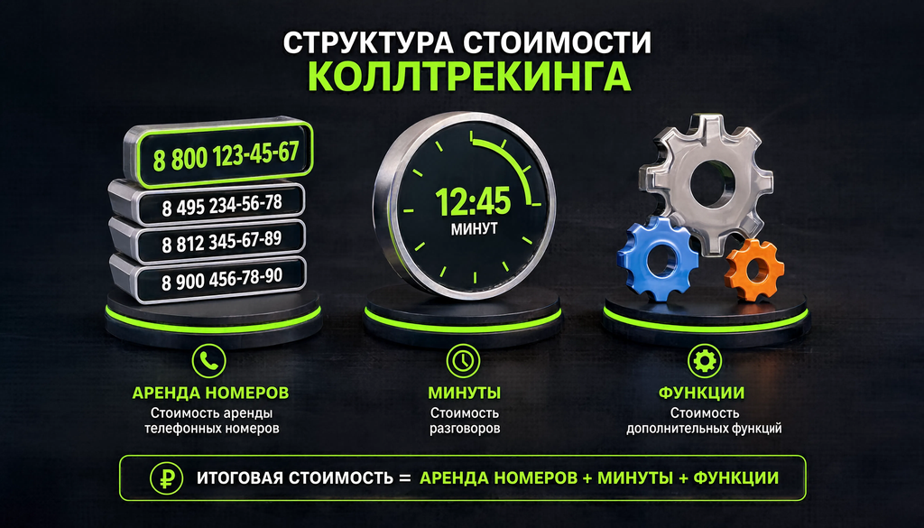 Инфографика: из чего складывается стоимость коллтрекинга — аренда номеров, минуты, функции