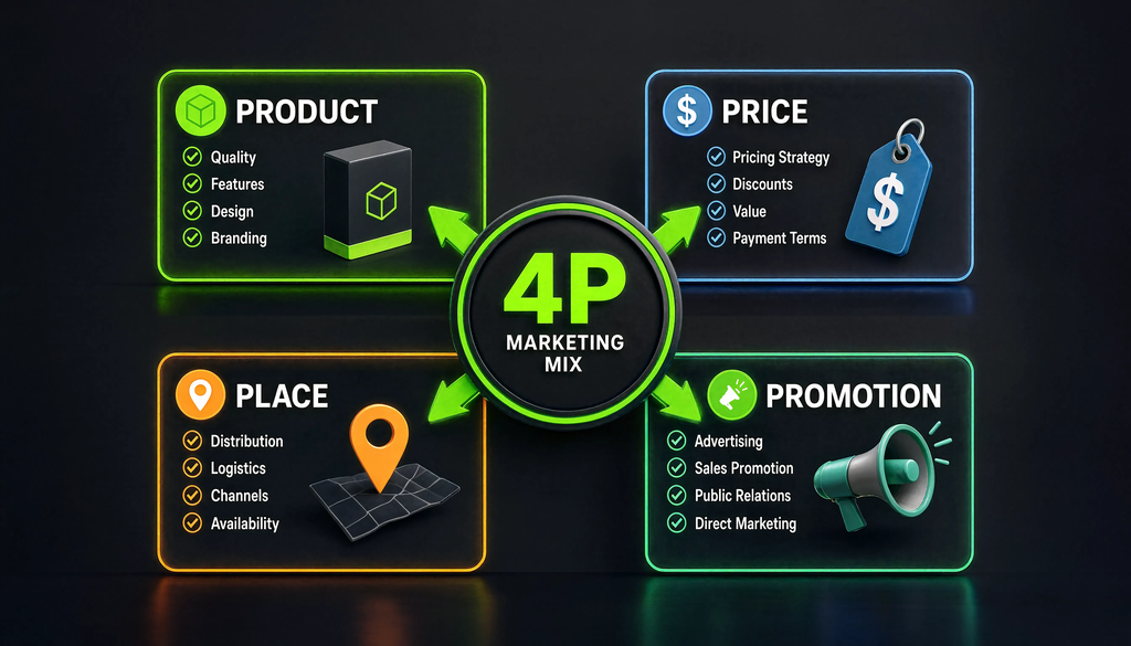 Инфографика четырех элементов маркетинга 4P: Product, Price, Place, Promotion с взаимосвязями