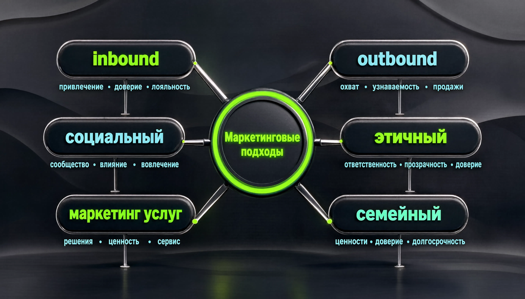 Схема дерева маркетинговых подходов с шестью ветвями: inbound, outbound, социальный, этичный, маркетинг услуг, семейный