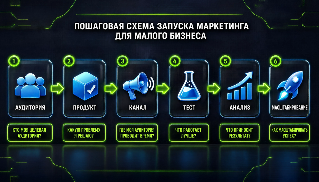 Пошаговая схема запуска маркетинга для малого бизнеса: аудитория, продукт, канал, тест, анализ, масштабирование