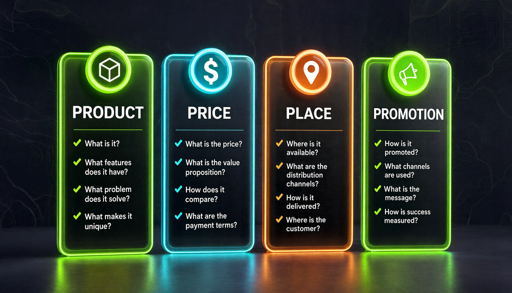 Схема комплекса маркетинга 4P: Product, Price, Place, Promotion с вопросами для проверки