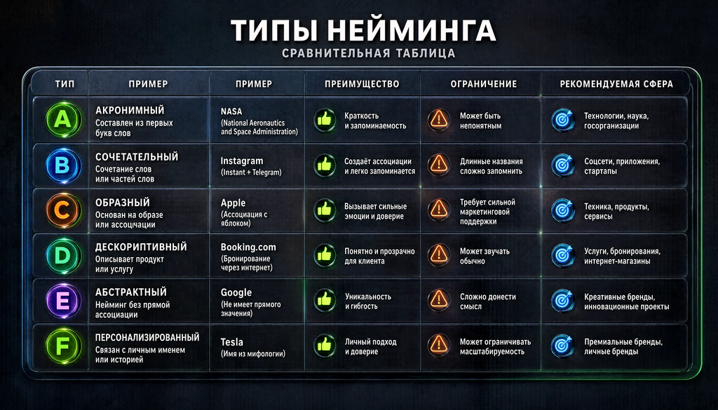 Сравнительная таблица типов нейминга: 5–7 строк с типом, примером, преимуществом, ограничением и рекомендованной сферой применения.