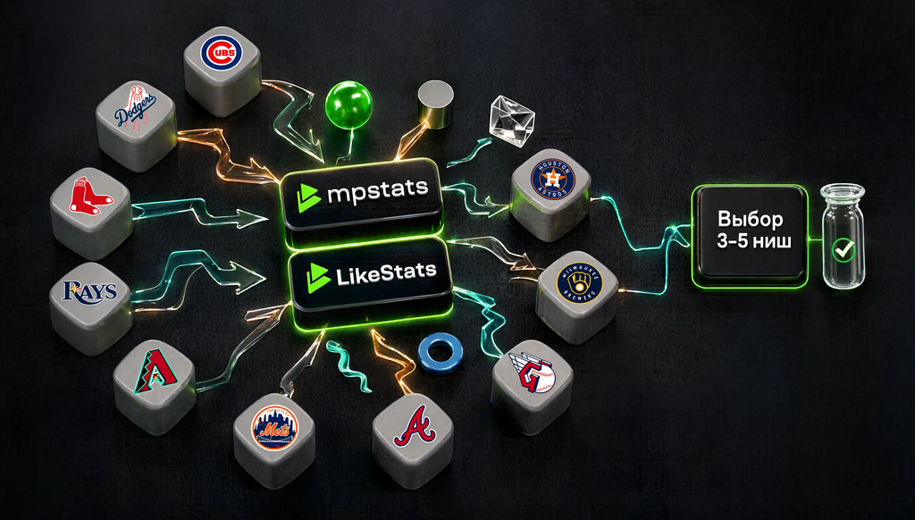 Схема анализа ниш: MPSTATS / LikeStats → категории → объём продаж + количество продавцов + маржинальность + сезонность + оборачиваемость → выбор 3–5 ниш → тест
