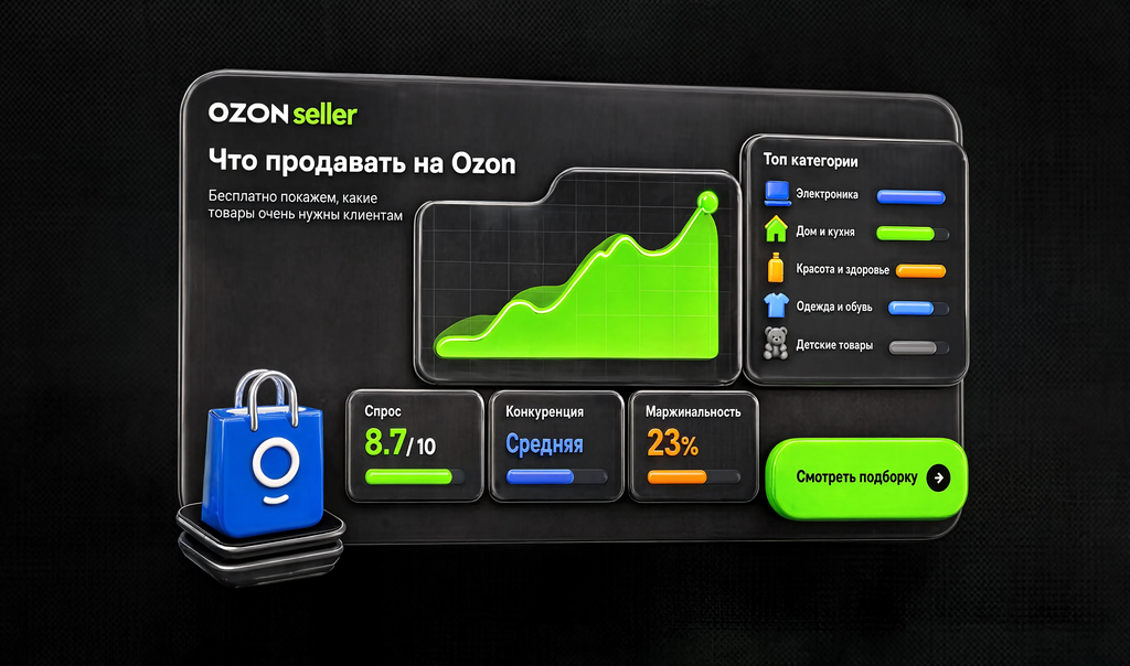 Интерфейс раздела «Что продавать на Ozon» — графики, таблицы, ключевые метрики. Помогает понять, где искать данные и как выглядит инструмент.