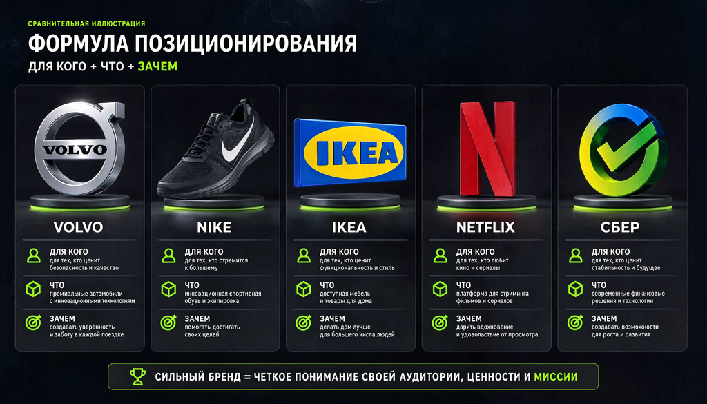 Позиционирование бренда: 5 примеров по формуле «для кого + что + зачем»