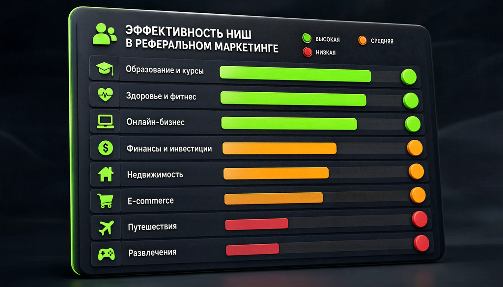 Инфографика эффективности реферального маркетинга по нишам с цветовой индикацией: зелёные — высокая, жёлтые — средняя, красные — низкая