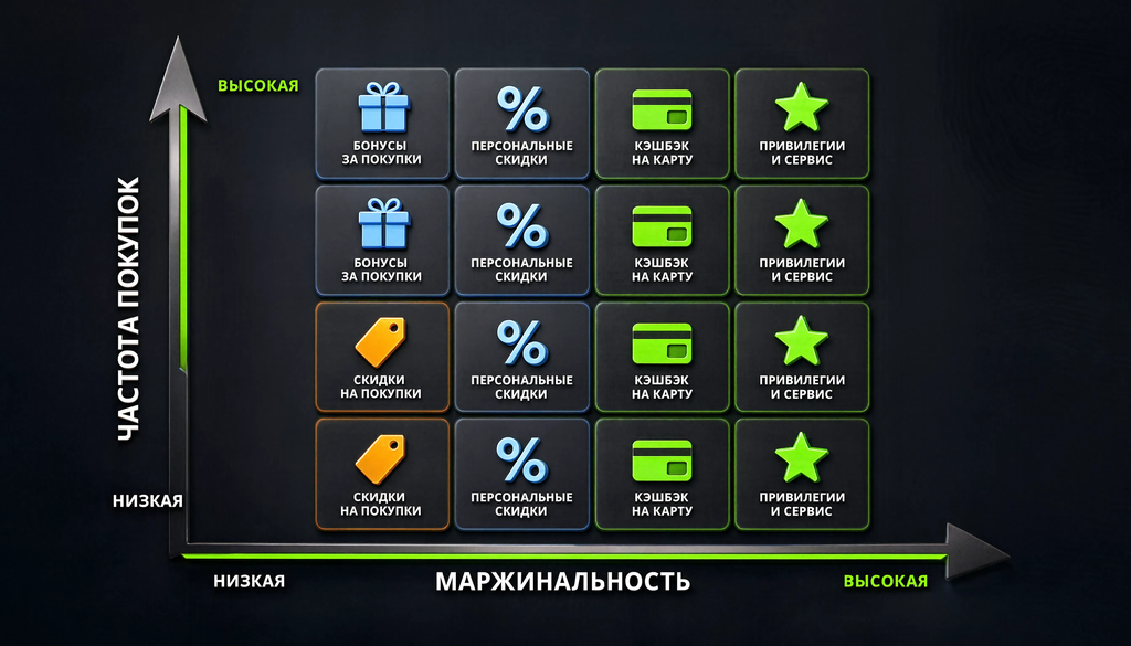 Матрица выбора вознаграждения: оси — частота покупок и маржинальность. Каждая ячейка — рекомендованный тип вознаграждения.
