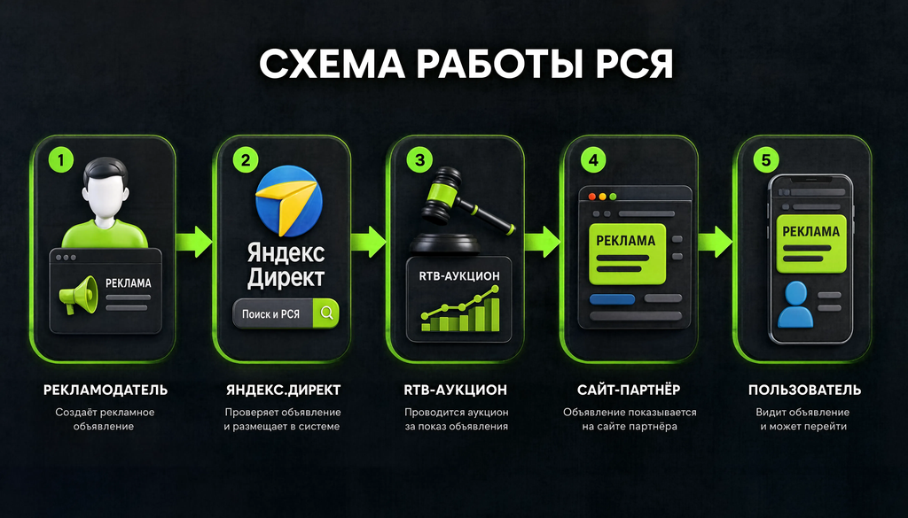 Схема работы РСЯ: рекламодатель → Яндекс.Директ → RTB-аукцион → сайт-партнёр → показ объявления пользователю