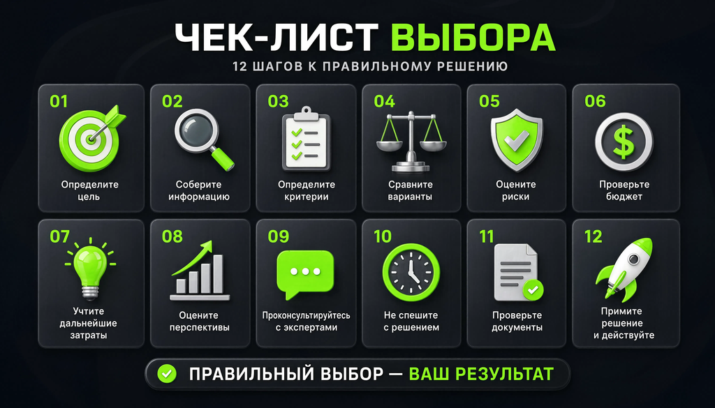 Чек-лист выбора в виде инфографики — 12 шагов с иконками. Упрощает выбор и работает как памятка.