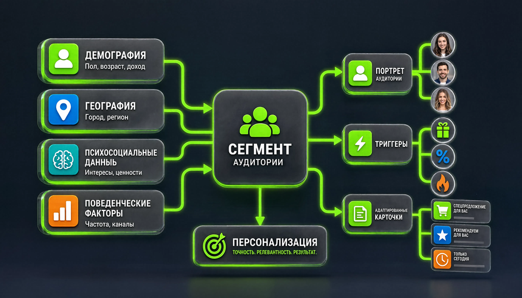 Схема сегментации аудитории: демография (пол, возраст, доход), география (город, регион), психосоциальные (интересы, ценности), поведенческие (частота, каналы) → сегменты → портреты → триггеры → адаптация карточек.