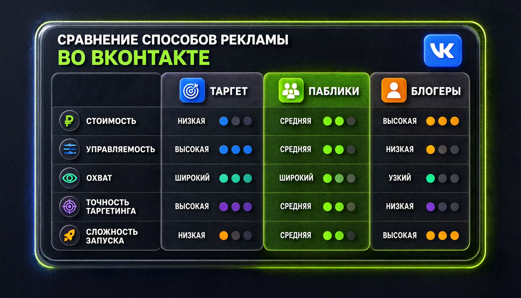 Сравнительная таблица трех способов рекламы в ВКонтакте: таргетированная реклама, реклама в пабликах и реклама у блогеров. Критерии: стоимость, управляемость, охват, точность таргетинга, сложность запуска. Цветовая индикация помогает выбрать подходящий способ под задачу и бюджет.