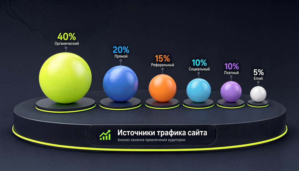 Структура источников трафика сайта: органический, прямой, реферальный, социальный, платный, email — с типичными долями по типам сайтов