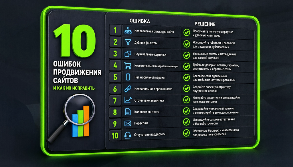 Топ-10 ошибок при продвижении разных типов сайтов с решениями: отсутствие структуры, дубли фильтров, неуникальные карточки, коммерческие факторы, мобильная версия, перелинковка, аналитика, копипаст, переспам, отсутствие поддержки. Каждый блок — ошибка и решение.
