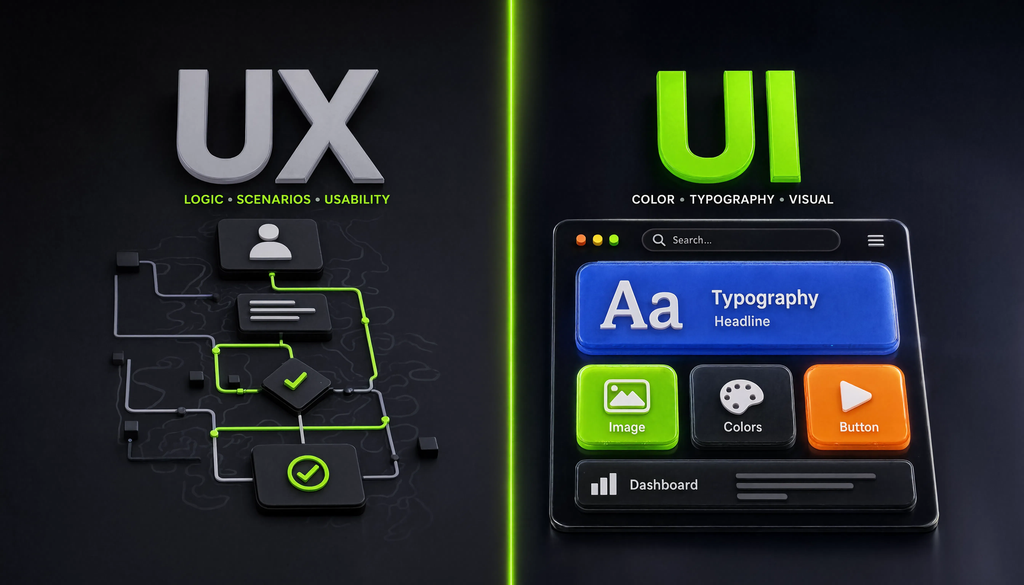 Инфографика, показывающая разницу между UX и UI: UX включает логику, сценарии и удобство, а UI — цвет, шрифт и визуал.