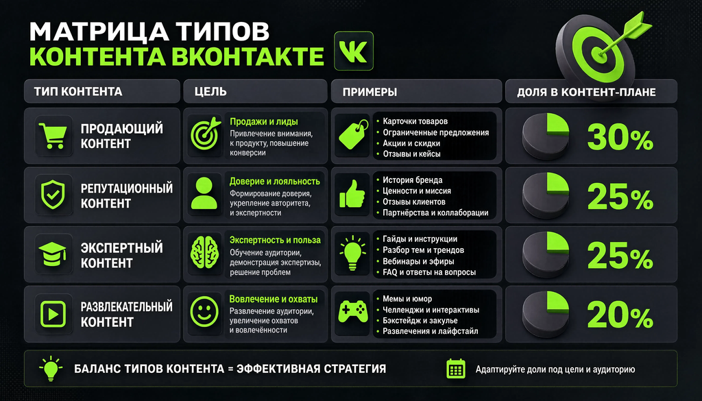 Матрица типов контента ВКонтакте: продающий 30%, репутационный 25%, экспертный 25%, развлекательный 20% — цель, примеры, доля в контент-плане.